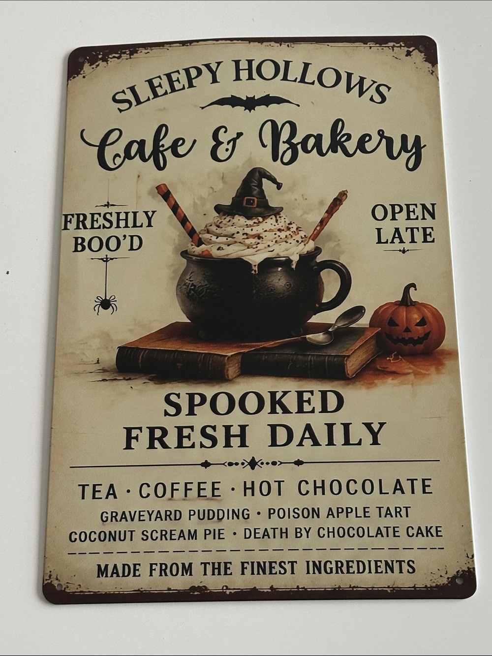 Sleepy Hollows Cafe & Bakery Halloween Metal Wall Sign - Cream
